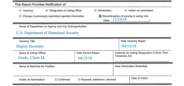DHS filed a notice to Congress informing them that Claire Grady is no longer the agency’s acting deputy secretary.