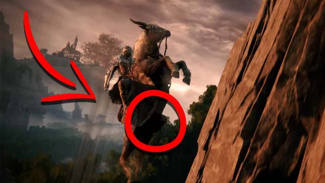 A red circle and arrow point at the genitals of a horse from Elden Ring while it traverses the side of a mountain. 