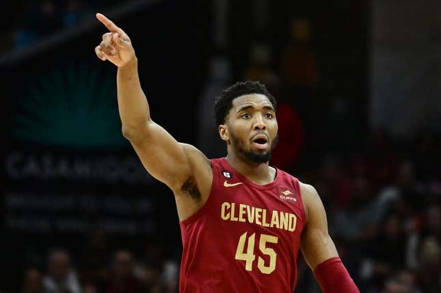 Mar 26, 2023; Cleveland, Ohio, USA; Cleveland Cavaliers guard Donovan Mitchell (45) calls out a play during the second half against the Houston Rockets at Rocket Mortgage FieldHouse.