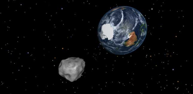 Artist&#039;s impression of asteroid 2012 DA14 approaching Earth.