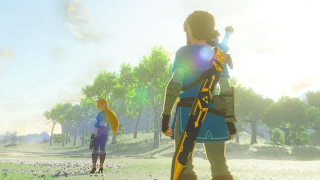 Link looks at Zelda as she turns around in front of the sun set. 