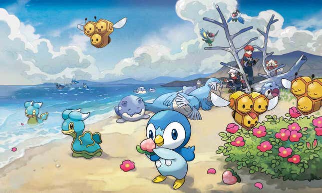 Piplup and a bunch of other Pokémon hang out on a beach in Pokémon Legends Arceus on Nintendo Switch