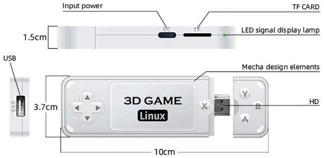 A technical illustration of the Powkiddy Y6 GameStick HDMI dongle.
