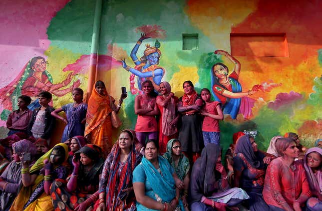 People in Uttar Pradesh’s Mathura gathered to celebrate Holi.