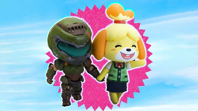 An image shows Doom and Animal Crossing nendoroids holding hands on a Barbie movie poster. 