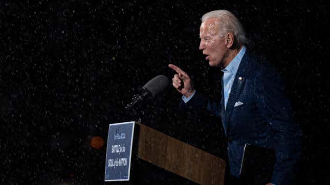 Democratic nominee Joe Biden giving a speech in the rain in Florida.