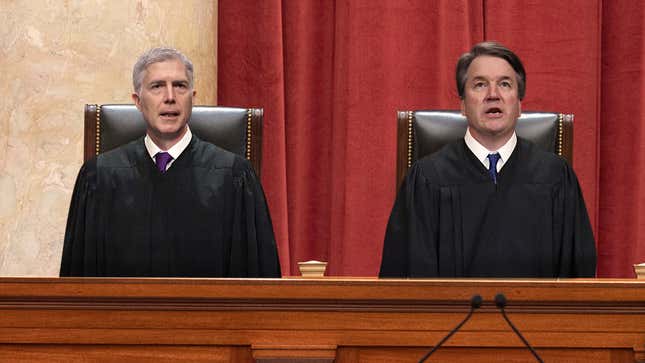 Image for article titled Kavanaugh, Gorsuch Recite Questions In Perfect Unison After Accidentally Memorizing Same Lines From Federalist Society Script