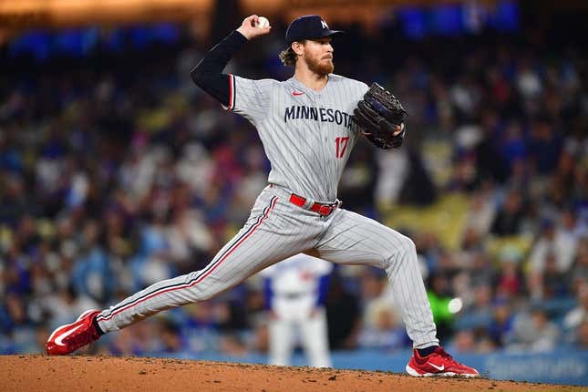 May 16, 2023; Los Angeles, California, USA; Minnesota Twins starting pitcher Bailey Ober (17) throws against the Los Angeles Dodgers during the fourth inning at Dodger Stadium.
