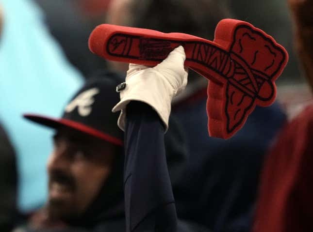 Oct 31, 2021; Atlanta, Georgia, USA; Atlanta Braves fans do the Tomahawk Chop during the eighth inning of game five of the 2021 World Series against the Houston Astros at Truist Park.