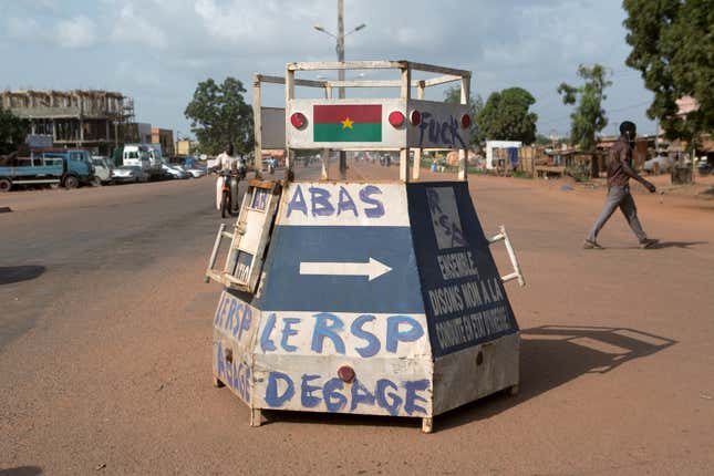 A graffiti reads “Down with RSP (Regiment of Presidential Security), and “get out” in Ouagadougou.
