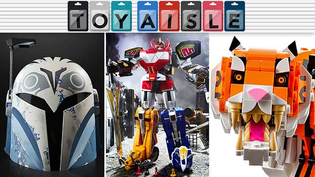 Hasbro's Black Series Bo-Katan Helmet, Hasbro's Power Rangers Zord Ascension Project Dino Megazord, and Lego's 3-in-1 Creator Tiger.