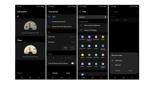 Screenshots showing how to set up a Bixby Routine