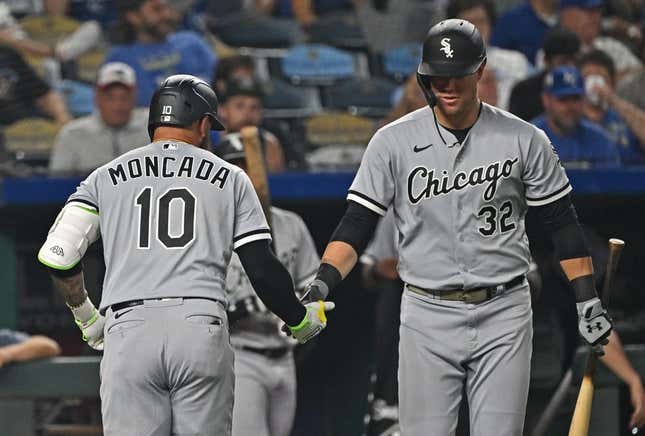 Sep 6, 2023; Kansas City, Missouri, USA;  Chicago White Sox third baseman Yoan Moncada (10) celebrates with first baseman Gavin Sheets (32) after hitting a solo home run in the sixth inning against the Kansas City Royals at Kauffman Stadium.