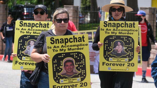 People opposed to the sale of illegal drugs on Snapchat participate in a rally outside the company’s headquarters to call for tighter restrictions on the popular social media app following fatal overdoses of the powerful opioid fentanyl in Santa Monica, California, June 13, 2022.