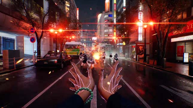 A Ghostwire: Tokyo screenshot depicting protagonist Akito shooting off a charged fire grenade at a pack of "Visitors," enemies that look like people minus the physical body.