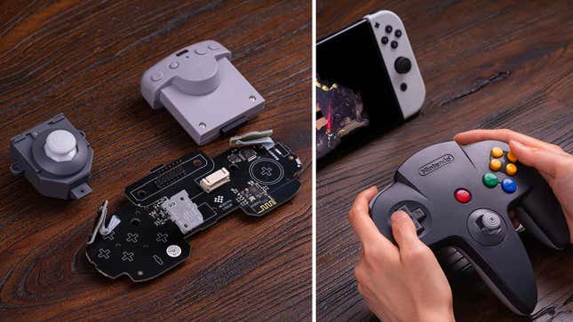 An representation  of the parts included with 8BitDo's N64 mod kit, and an representation  of an upgraded N64 controller being utilized  with the Nintendo Switch.