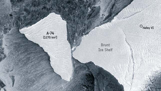 Iceberg A-74 and the Brunt Ice Shelf as they appeared on August 11, 2021. 