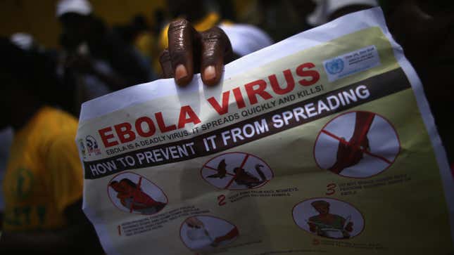 Public health advocates stage an Ebola awareness and prevention event on August 18, 2014 in Monrovia, Liberia, during the height of the deadliest outbreak to date in West Africa between 2013 and 2016. 