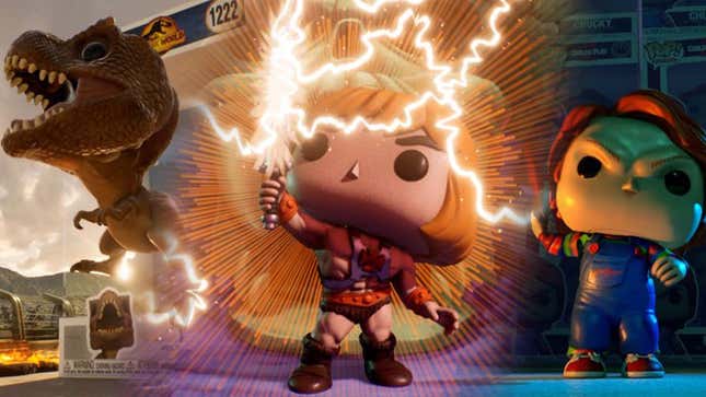 A collage shows a T-Rex Funko Pop, He-Man Pop and Chucky Pop together. 