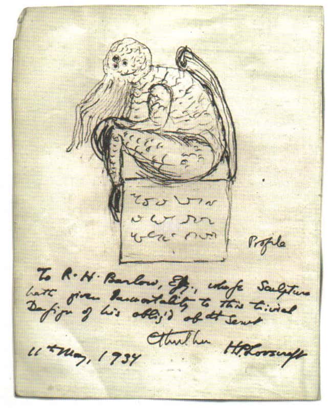 HP Lovecraft's 1934 sketch of a Ctulhu statuette.