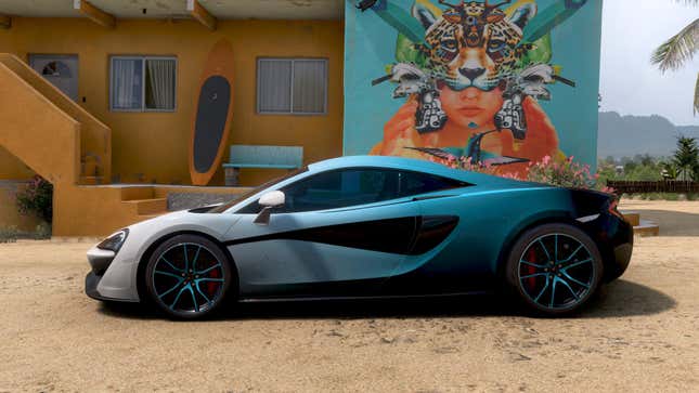 A Mercedes comes to a stop next to a house on a beach in Forza Horizon 5.