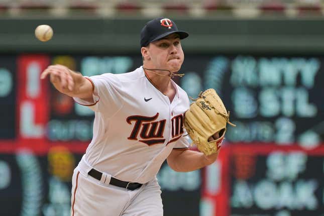 Aug 7, 2022; Minneapolis, Minnesota, USA; Minnesota Twins starting pitcher Cole Sands (77) throws a pitch against the Toronto Blue Jays during the sixth inning at Target Field.
