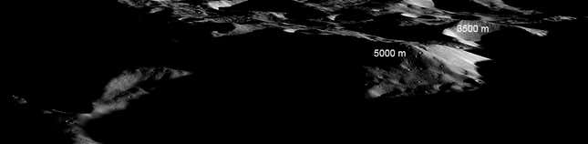 The proposed Artemis 3 landing site appears just above the “5000 m” annotation, “which which continues down the slope toward the Earth,” according to LROC researchers.