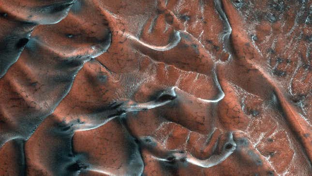NASA’s Mars Reconnaissance Orbiter captured this image of sand dunes on Mars on February 17, 2021.