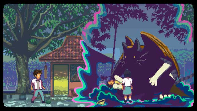 A pixel art boy confronts a large monster.
