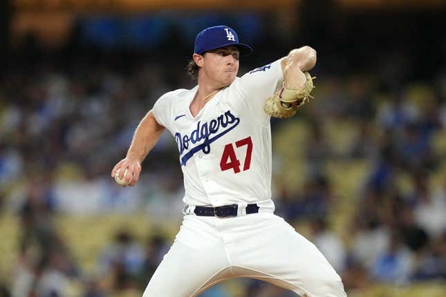 Aug 29, 2023; Los Angeles, California, USA; Los Angeles Dodgers starting pitcher Ryan Pepiot (47) throws in the first inning against the Arizona Diamondbacks at Dodger Stadium.
