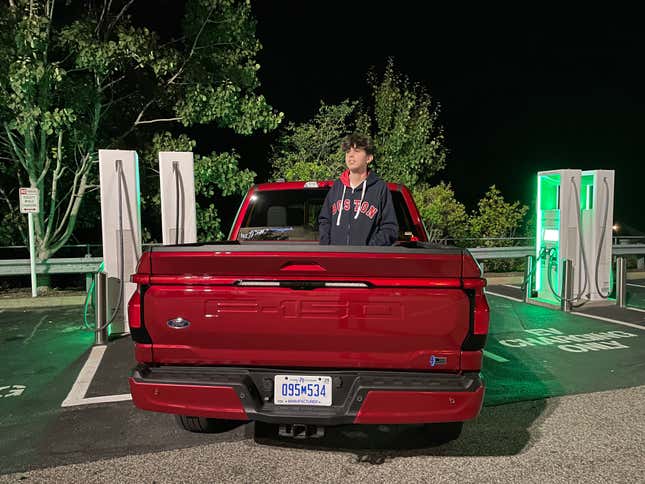 Son Milo keeps a weather eye on the horizon during a 1:00 a.m. charging stop in Waterford, CT.
