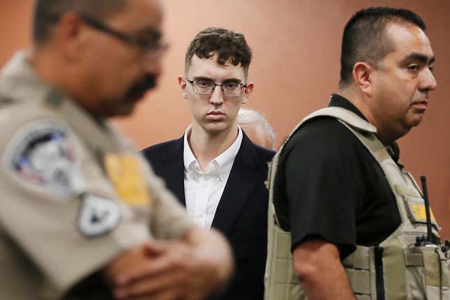 In this Oct. 10, 2019 file photo, El Paso Walmart shooting suspect Patrick Crusius pleads not guilty during his arraignment in El Paso, Texas. Crusius attorneys said in a court filing that he has “severe, lifelong neurological and mental disabilities.” They say the 21-year-old and was treated with anti-psychotic medication following his arrest moments after the massacre in El Paso that killed 23. 