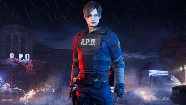 Leon Kennedy stands in front of a burning RPD in Dead by Daylight.