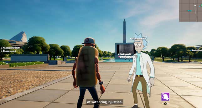Hot dog man and Rick and Morty's Rick Sanchez chill on the National Mall during the speech.