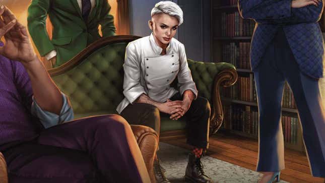 A young woman in a chef's outfit with white hair stares at you from across the room.