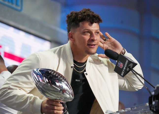 Apr 27, 2023; Kansas City, MO, USA; Kansas City Chiefs quarterback Patrick Mahomes greets fans during the first round of the 2023 NFL Draft at Union Station.