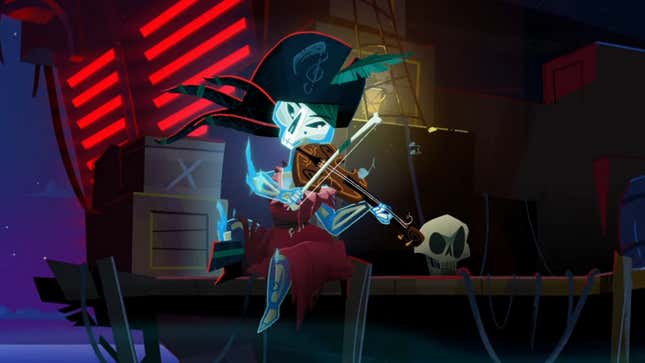 A cartoon skeleton pirate plays a violin on a dimly lit dock.