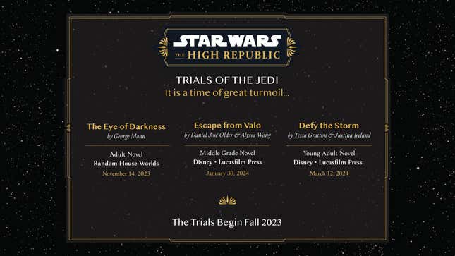 Una imagen que enumera las fechas de publicación de los libros en la fase tres de Star Wars: The High Republic, llamada "Pruebas de los Jedi."