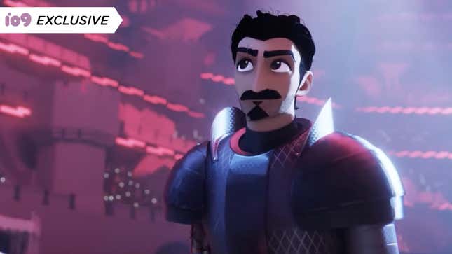 An animated knight with a beard and goatee looks up to the left while standing in front of a castle.