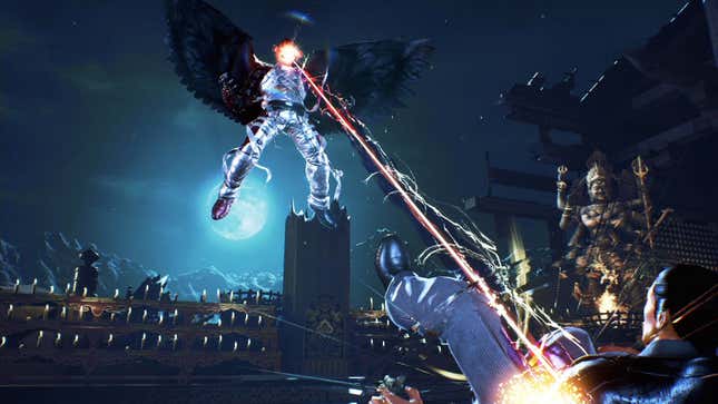 Tekken protagonist Jin Kazama, in his devil, is frying his dad Kazuya Mishima with a laser beam.