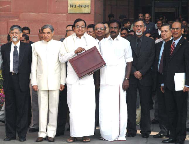 P Chidambaram leaving North Block for Parliament House to present Budget 2008-09 on Feb. 29, 2008.