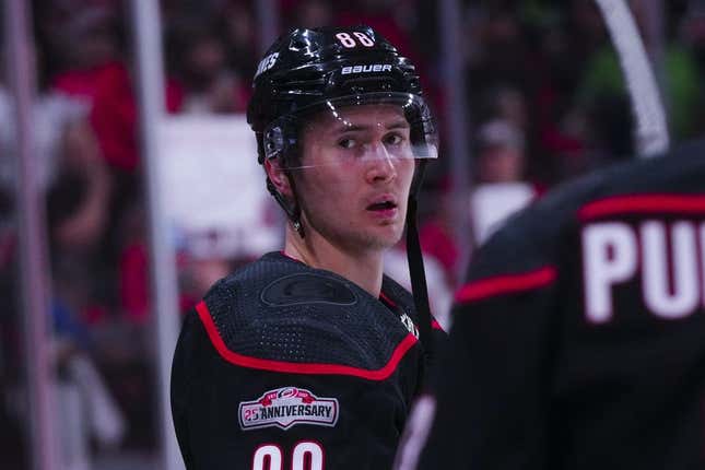 Apr 4, 2023; Raleigh, North Carolina, USA;  Carolina Hurricanes center Martin Necas (88) looks on before the game during the warmups against the Ottawa Senators at PNC Arena.