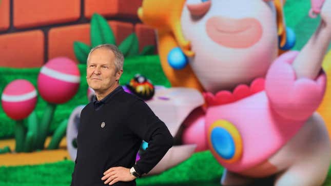 Ubisoft's CEO stands on stage at E3 2017 to reveal Mario + Rabbids. 