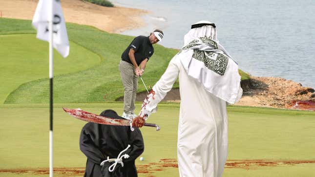 Image for article titled LIV Golfers On Saudi Course Forced To Putt Around Woman Being Beheaded