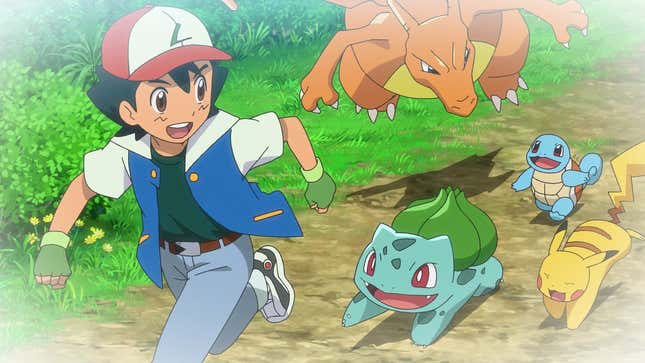 Ash is shown running down a trail alongside Pikachu, Bulbasaur, Squirtle, and Charizard.