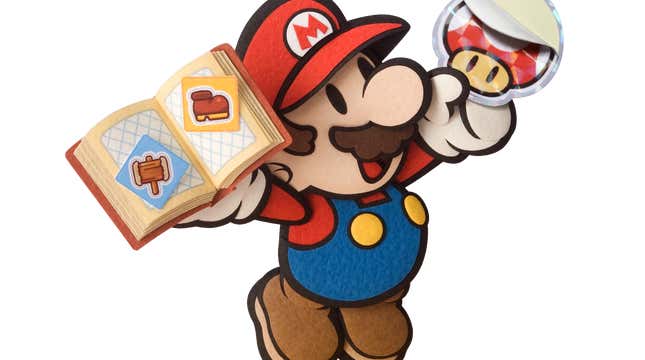 Paper Mario holding a book and sticker.