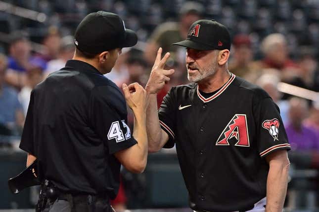 Apr 12, 2023; Phoenix, Arizona, USA;  Arizona Diamondbacks manager Torey Lovullo (17) argues with umpire Gabe Morales (47) after being ejected in the third inning against the Milwaukee Brewers at Chase Field.