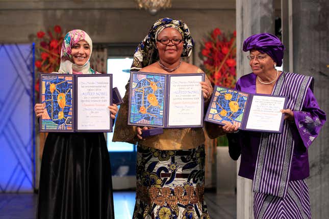 (L-R) Nobel Peace Prize 2011 winners, Yemeni human rights activist Tawakul Karman, Liberian peace activist Leymah Gbowee and Liberian president Ellen Johnson-Sirleaf.