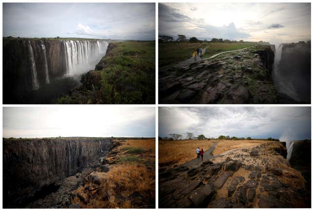 A combination picture shows water flowing (top) and low-water levels after a prolonged drought (bottom) at Victoria Falls, Zimbabwe taken Jan. 17, 2019 and Dec. 4, 2019