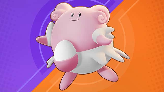 Blissey, a pink and white, egg-shaped Pokémon, against a purple and orange background.